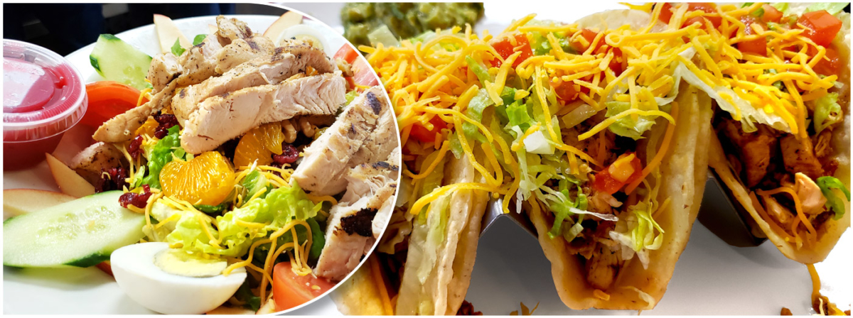 Chicken salad and beef tacos